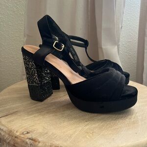SimplyBe Black Velvet Glitter Block Heels Size 9 Extra WW (UK Size 7)